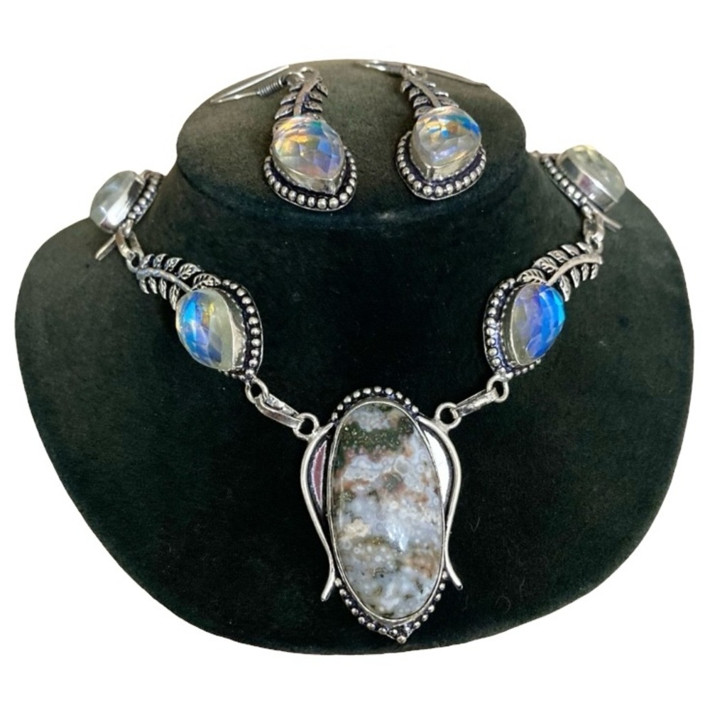 Ocean jasper iridescent opalite stones boho leaf design set necklace + earrings - Picture 4 of 16